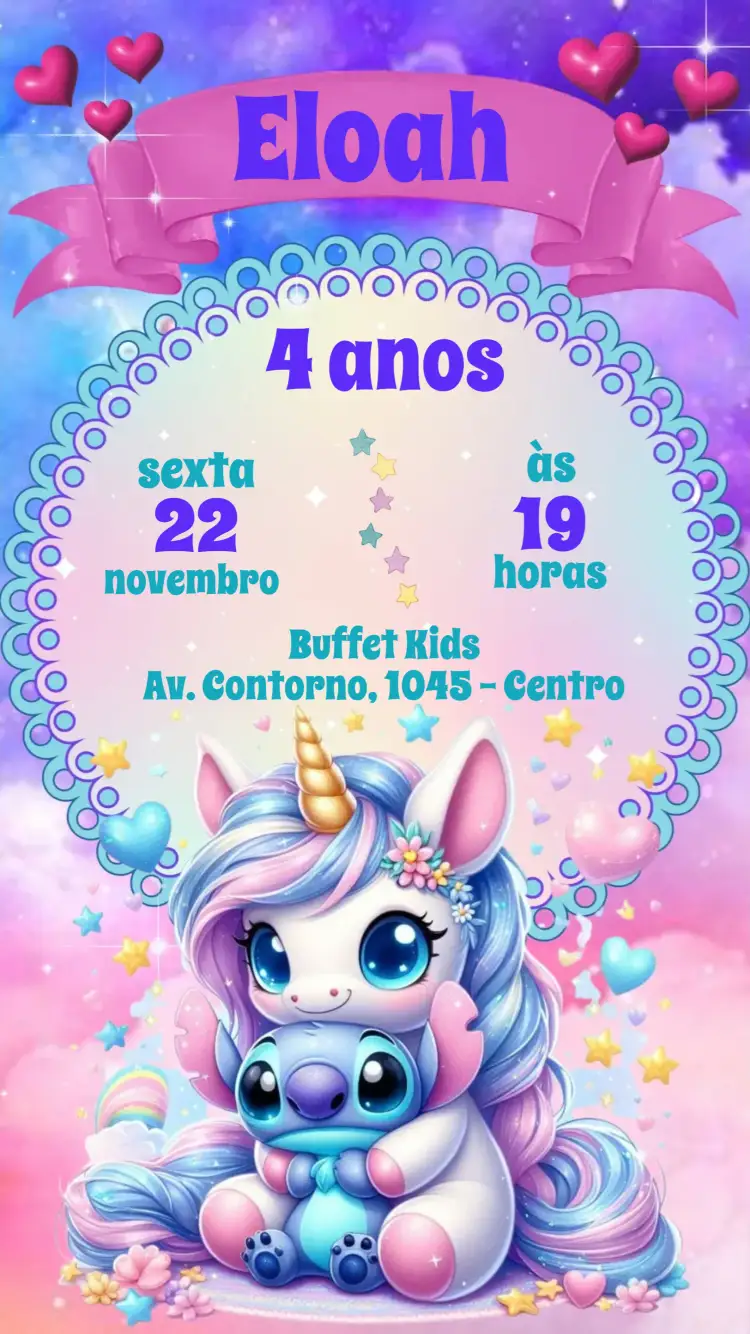 Convite Sticth – tema Aniversário Infantil colorido, divertido, infantil, temático, vibrante