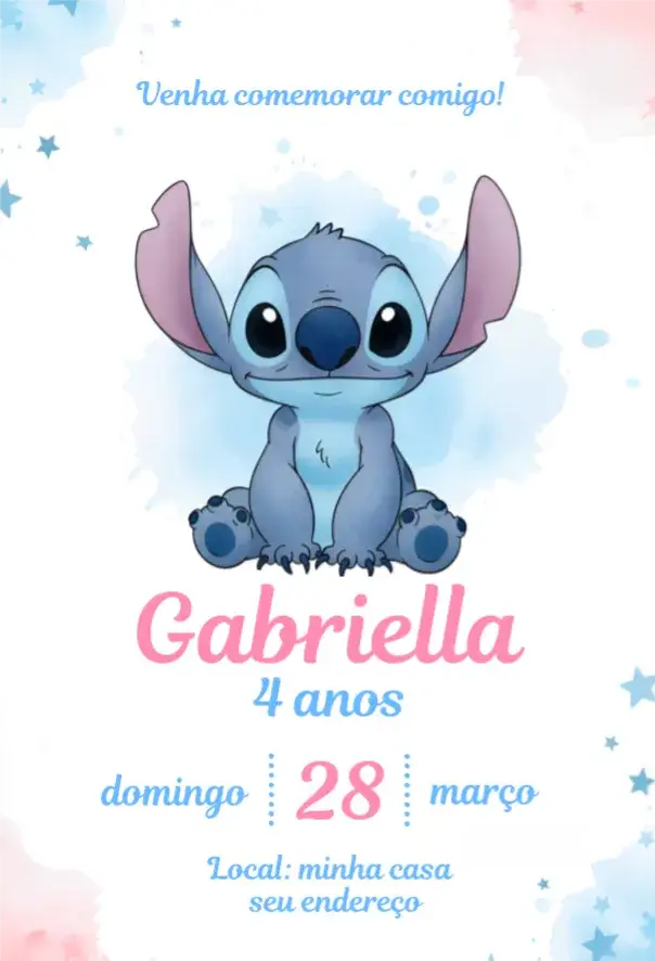 Convite Stitch 1 – tema Aniversário neutro, azul, rosa, lúdico, divertido, temático