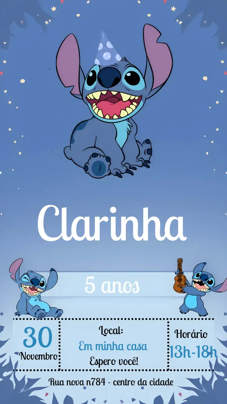 Convite Stitch – tema Aniversário Infantil tropical, colorido, divertido, ilustrativo, infantil