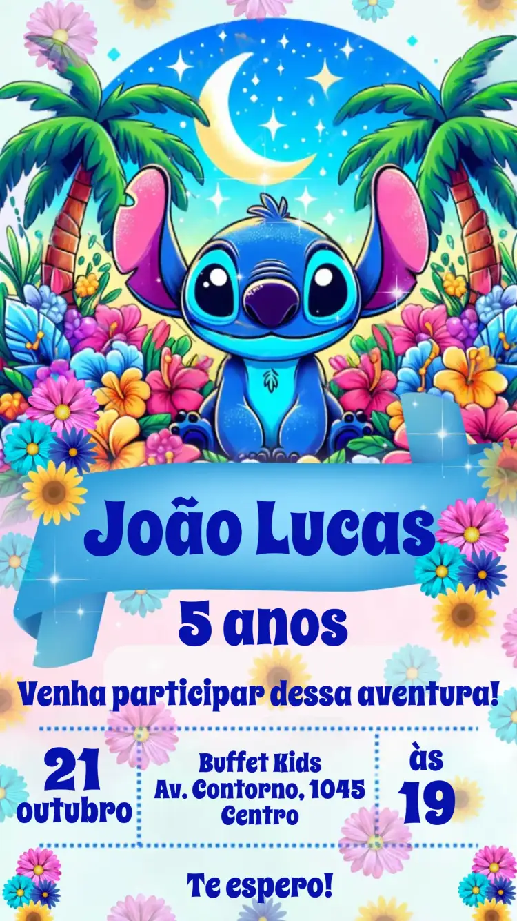 Convite Stitch – tema Aniversário Infantil colorido, divertido, fantasia, infantil, vibrante