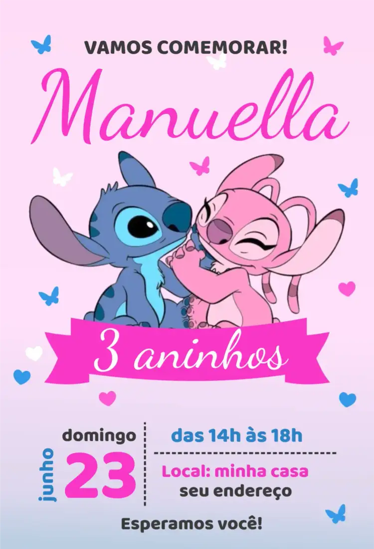 Convite Stitch – tema Aniversário Infantil colorido, lúdico, divertido, rosa, temática, infantil