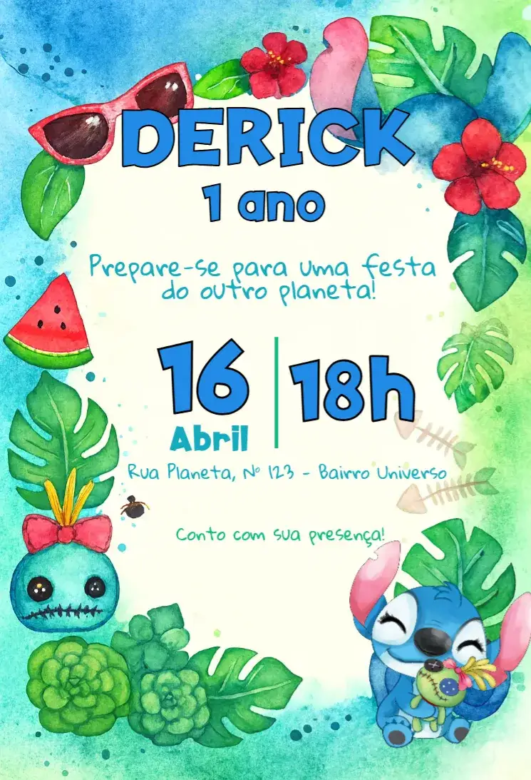 Convite Stitch – tema Aniversário Infantil colorido, divertido, temático, infantil, animado
