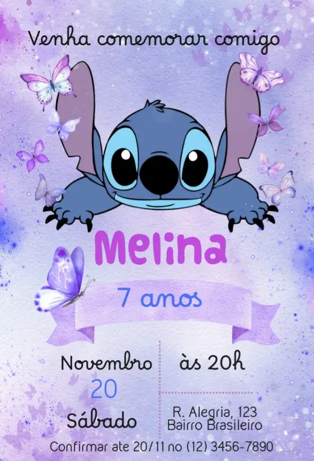 Convite Stitch – tema Datas Comemorativas aquarela, lilás, delicado, infantil, personagens, divertido