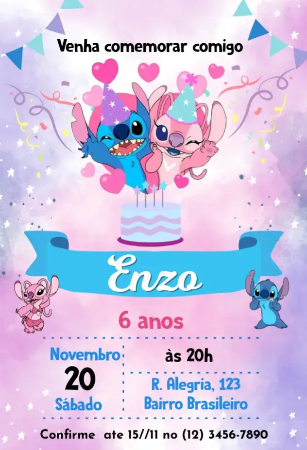 Convite Stitch – tema Aniversário Infantil colorido, tropical, divertido, infantil, personagens, temático
