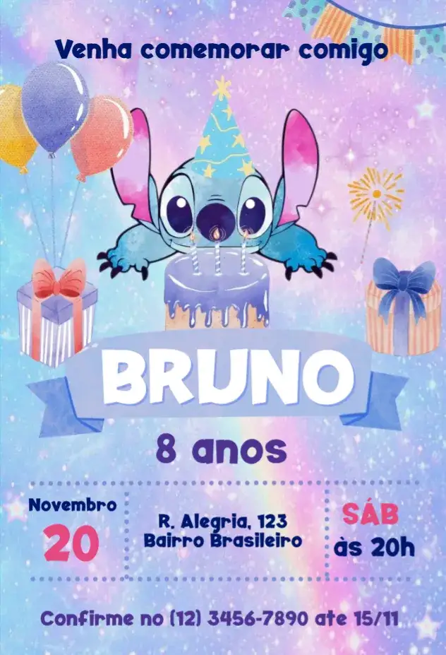 Convite Stitch – tema Aniversário Infantil colorido, divertido, temático, cartoon, tropical