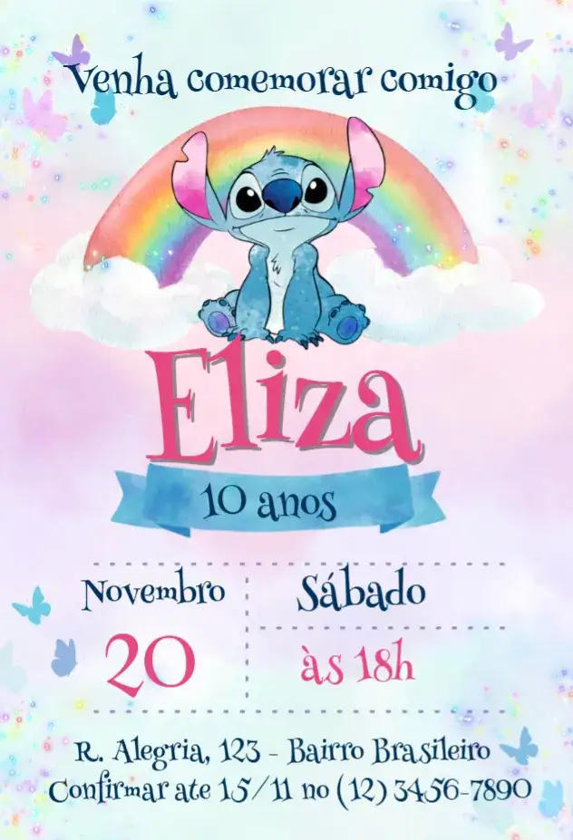 Convite Stitch – tema Aniversário Infantil colorido, divertido, temático, cartoon, tropical