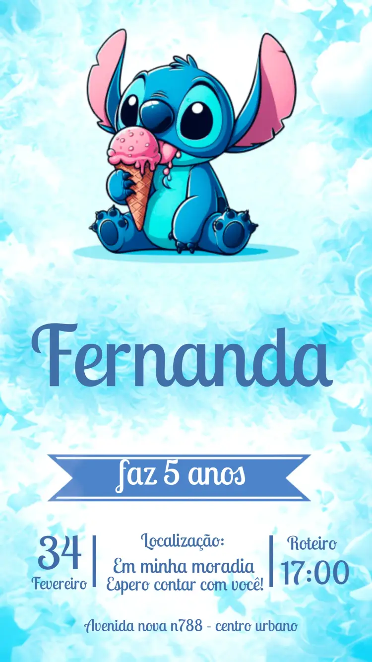 Convite Stitch editável e personalizável