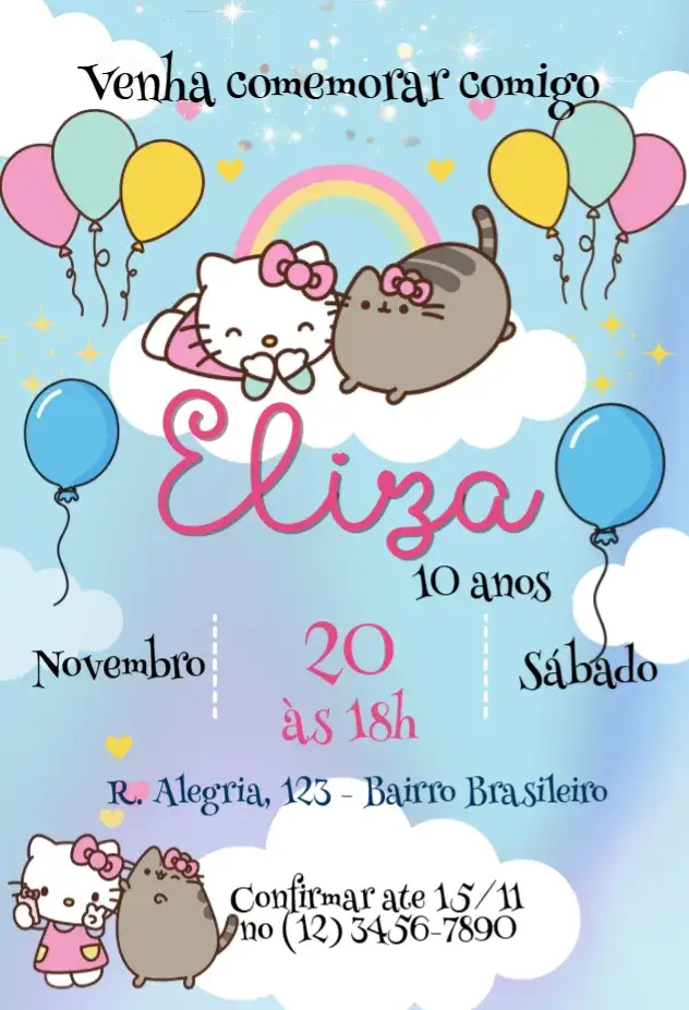 Convite Hello kitty e Pusheen – tema Aniversário Infantil colorido, divertido, kawaii, jovial, ilustrações fofas