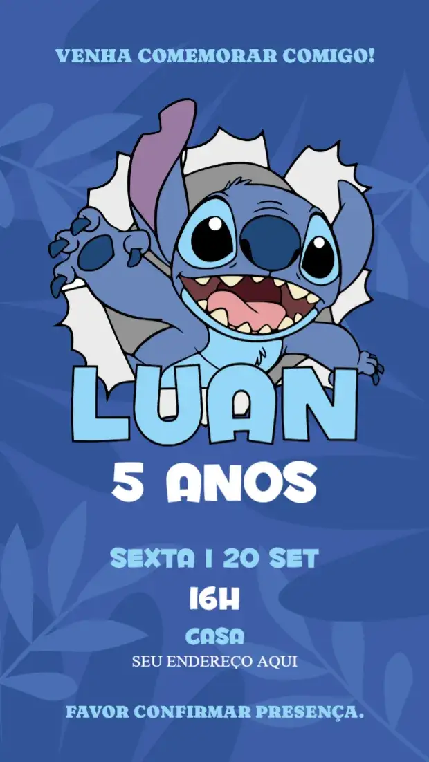 Convite Stitch – tema Aniversário Infantil azul, divertido, temático, animado, ilustrações infantis, personagens