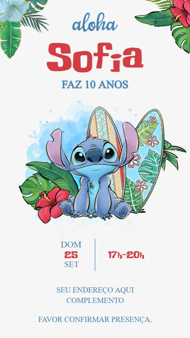 Convite Stitch – tema Aniversário Infantil cores vibrantes, estilo divertido, elementos de aventura, temática tropical, estampa colorida, design lúdico