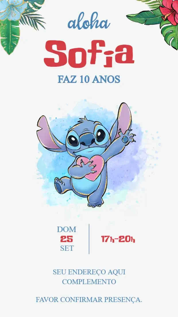 Convite Stitch – tema Aniversário Infantil colorido, divertido, tropical, animado, ilustrações de personagens, estilo cartoon