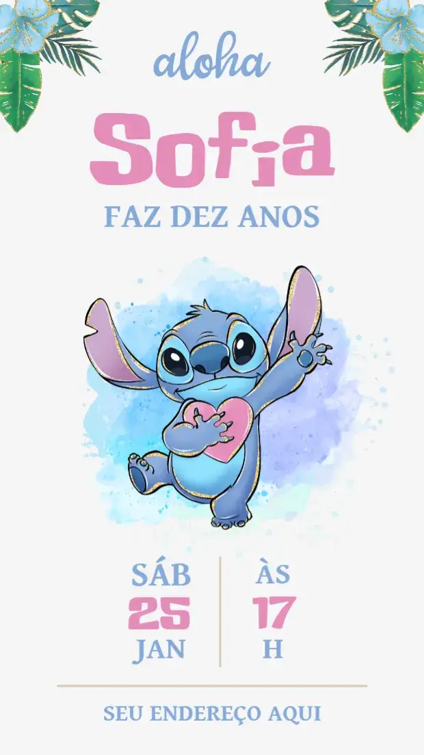Convite Stitch – tema Aniversário Infantil aquarela, colorido, divertido, infantil, temático, lúdico