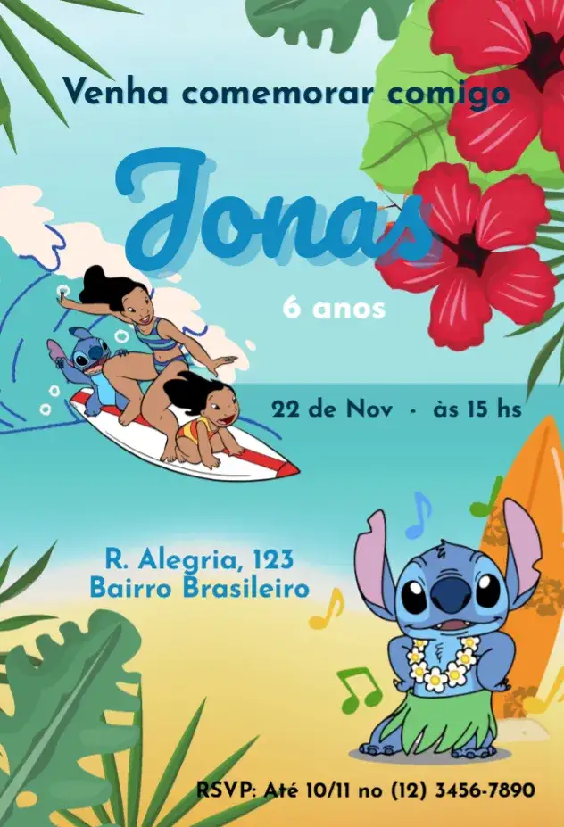 Convite Stitch Turma na Praia – tema Aniversário Infantil tropical, colorido, divertido, marinho, infantil, lúdico