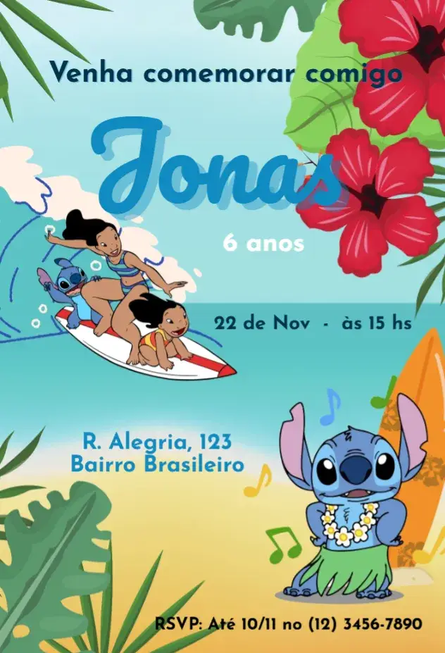 Convite Stitch Turma na Praia