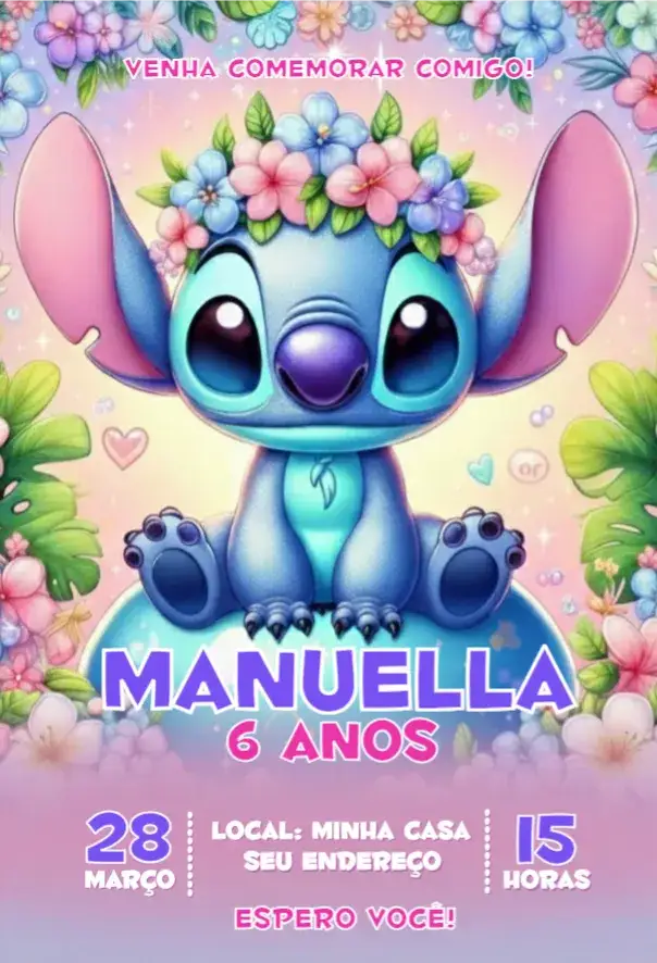 Convite Stitch 3 – tema Aniversário rosa, divertido, infantil, temático, colorido, lúdico