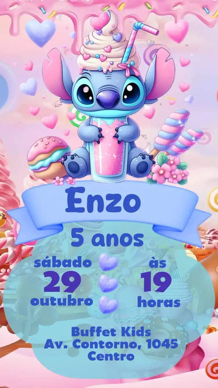 Convite Stitch – tema Aniversário Infantil colorido, lúdico, divertido, temático, moderno