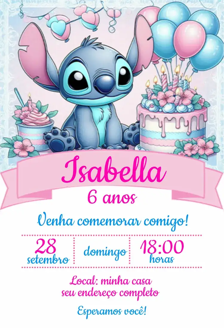 Invitation Stitch – Birthday theme colorful, fun, playful, themed, lively