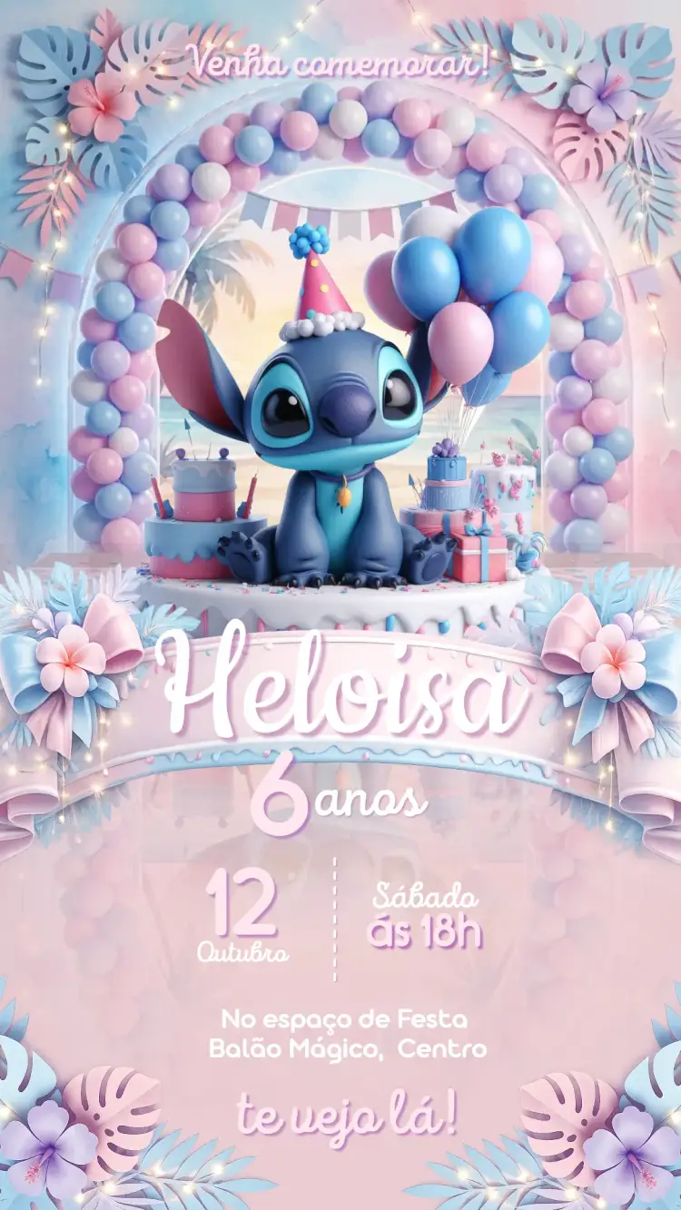 Convite Stitch – tema Mais pesquisados colorido, hawaiano, infantil, pastel, tropical