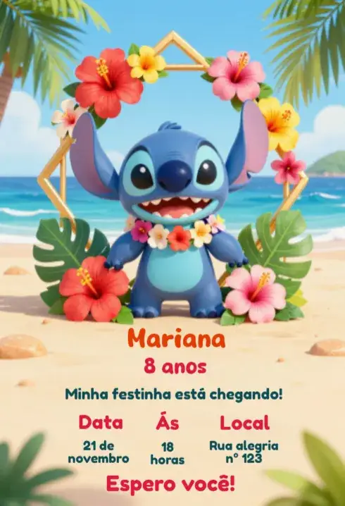 Convite Stitch – tema Aniversário Infantil colorido, divertido, infantil, temático, moderno