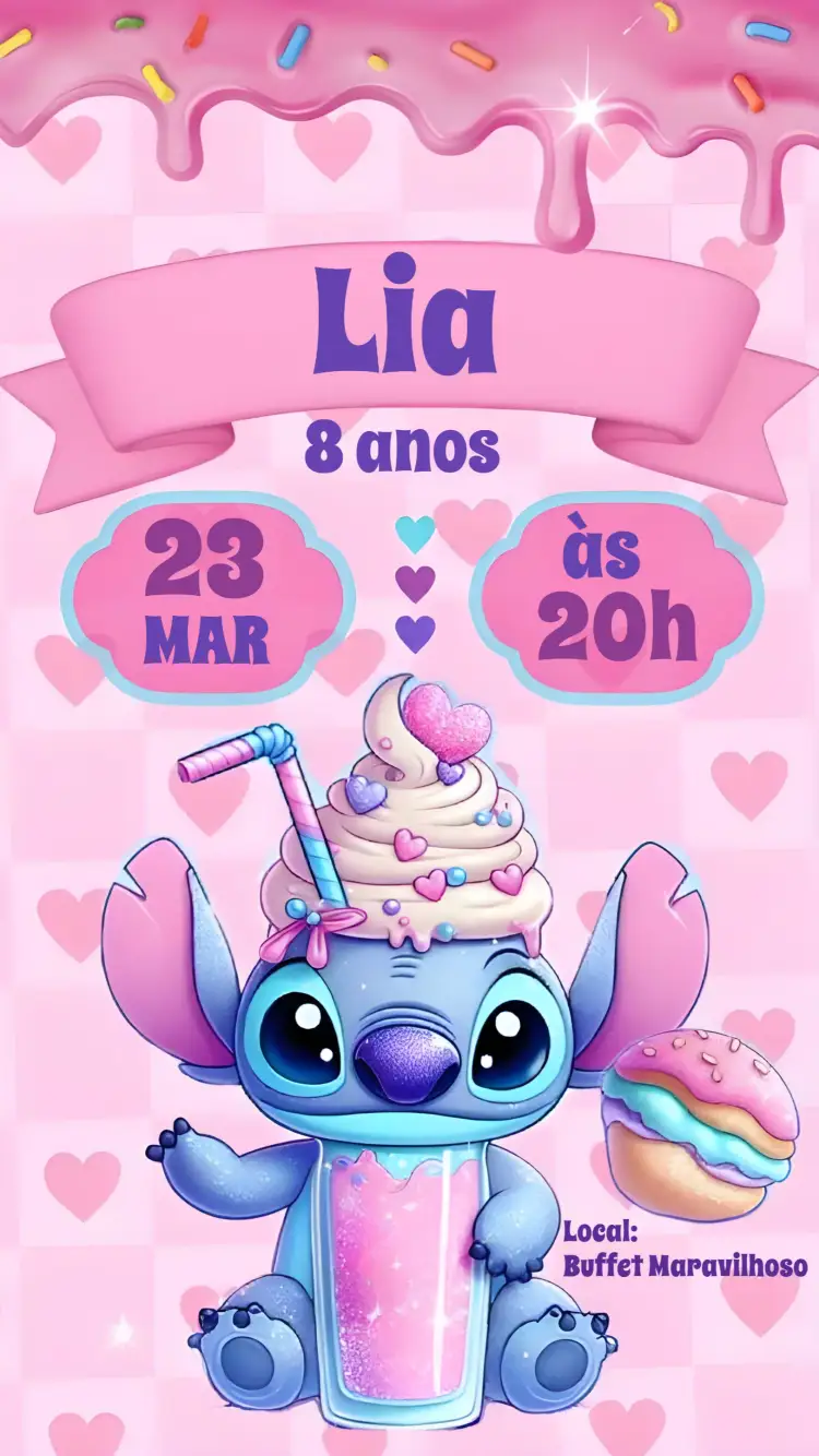 Convite Stitch – tema Mais pesquisados rosa, divertido, moderno, infantil, colorido