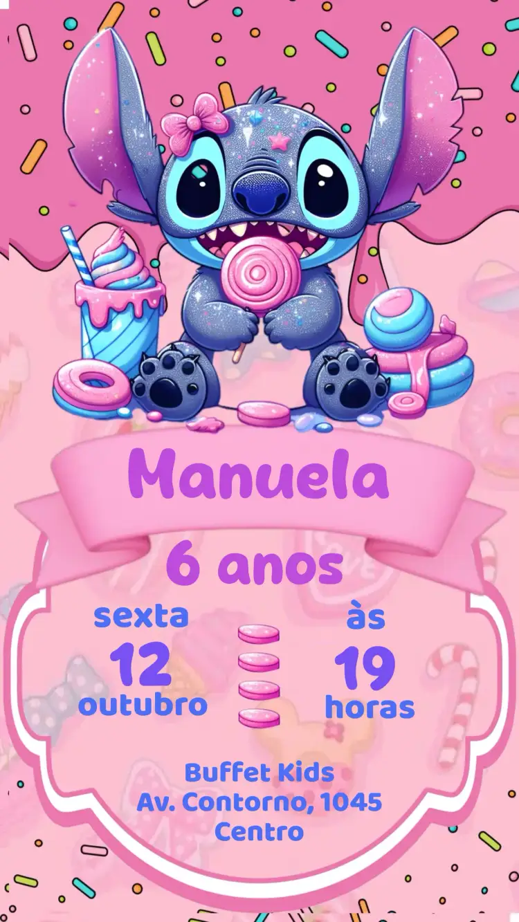 Convite Stitch – tema Aniversário Infantil doces, personagem animado, festivo