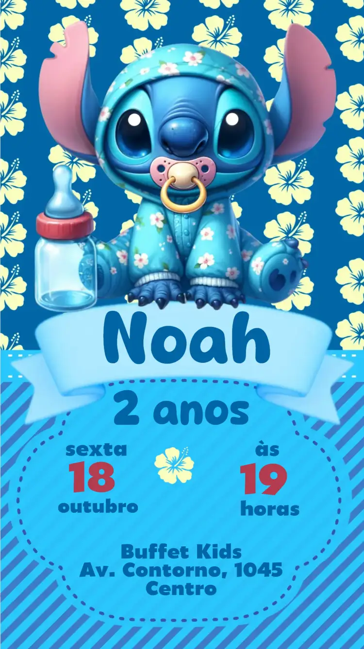 Convite Stitch – tema Aniversário Infantil colorido, lúdico, tropical, divertido, infantil, caracteres animados