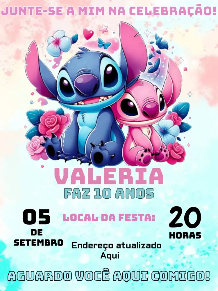 Convite Stitch Angel – tema Mais pesquisados lúdico, colorido, divertido, temático, infantil