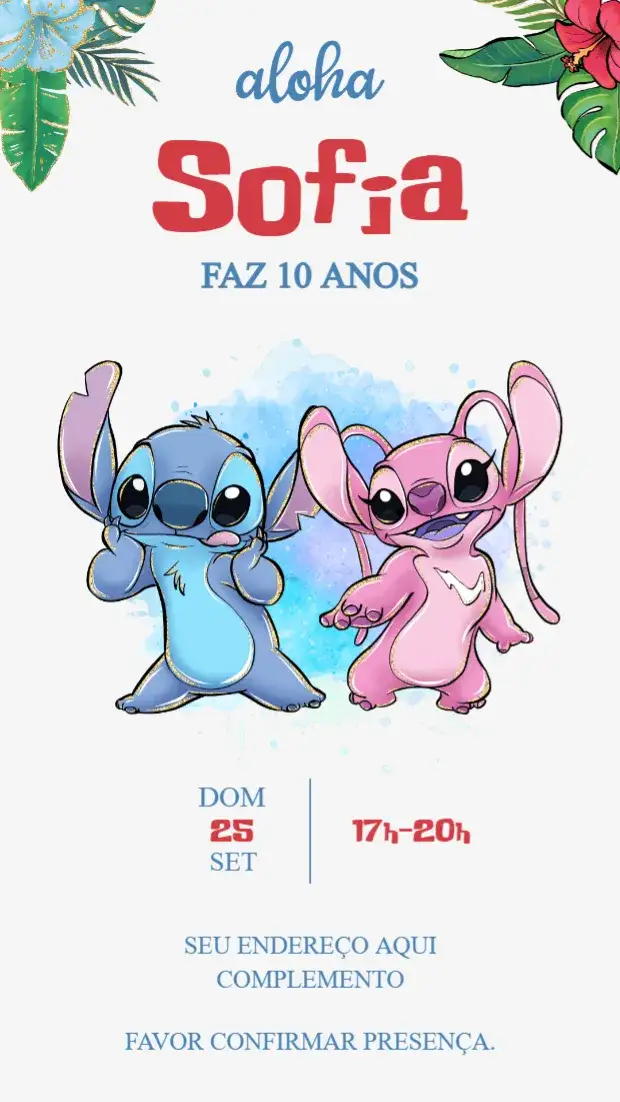 Convite Stitch Angel – tema Aniversário Infantil colorido, divertido, animado, tropical, infantil, temático