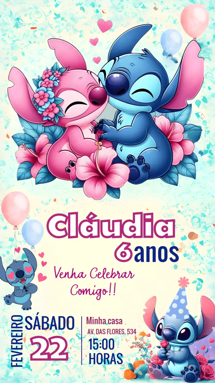 Convite Stitch Angel editável e personalizável