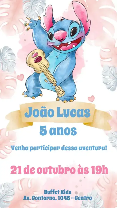 Convite Stitch Aquarela – tema Aniversário Infantil aquarela, colorido, divertido, infantil, temático, lúdico