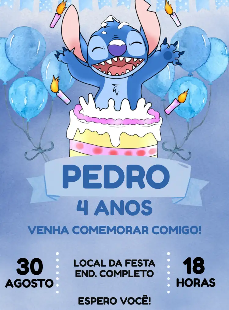 Convite Stitch Aquarela Infantil – tema Mais pesquisados aquarela, moderninho, divertido, colorido, infantil