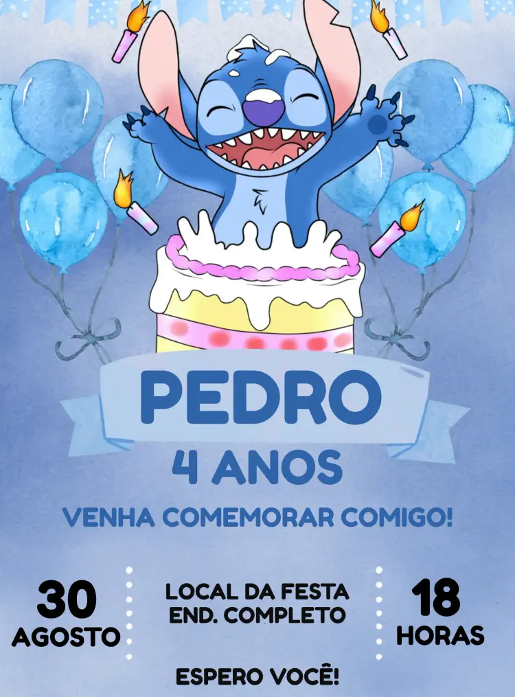 Convite Stitch Aquarela Infantil