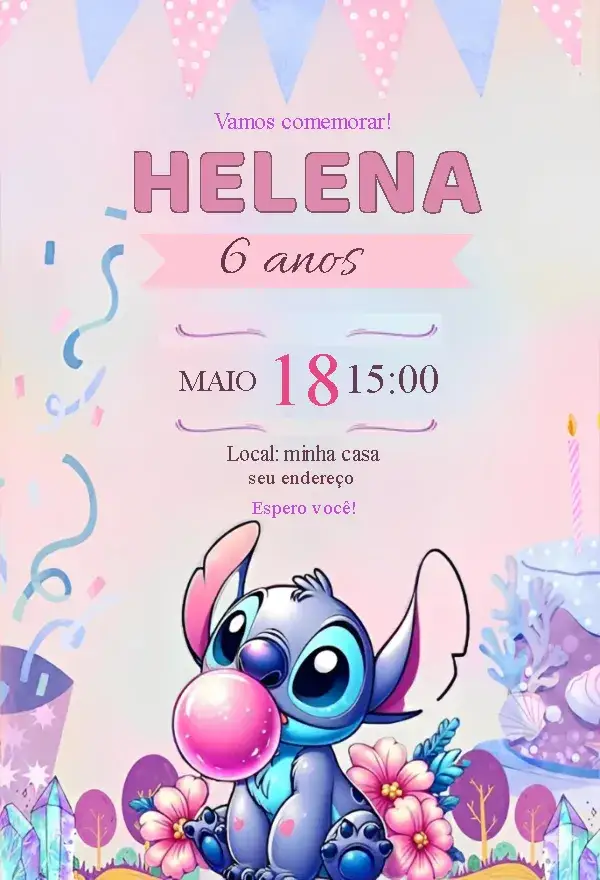 Convite Stitch Aquarela Lilás – tema Aniversário Infantil aquarela, lilás, rosa, divertido, infantil, colorido