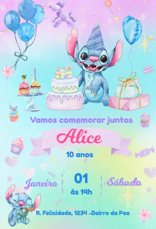 Convite Stitch Aquarelado Cupcake