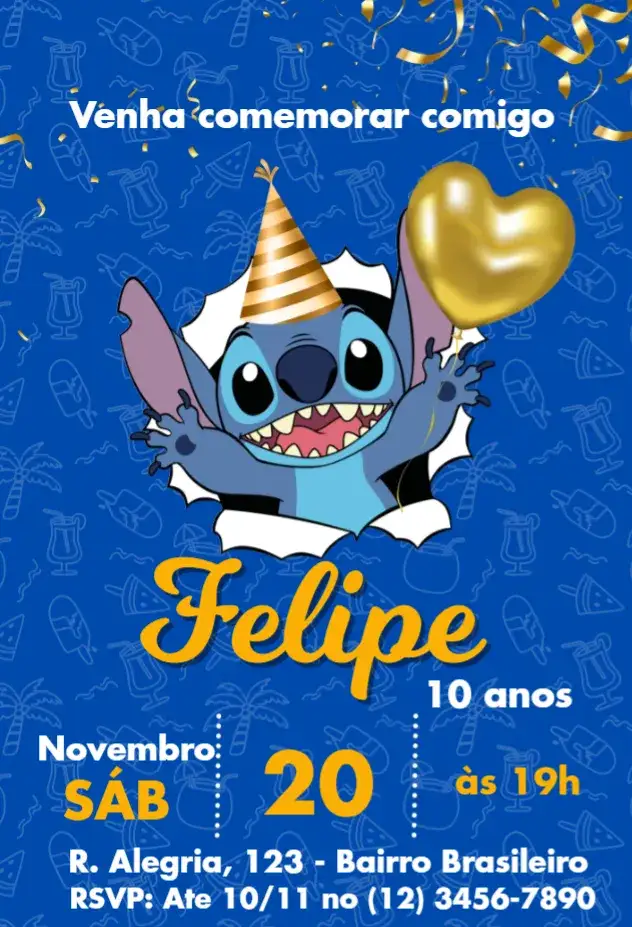 Convite Stitch Azul e Dourado – tema Aniversário Infantil azul, dourado, divertido, temático, cartoon, infantil