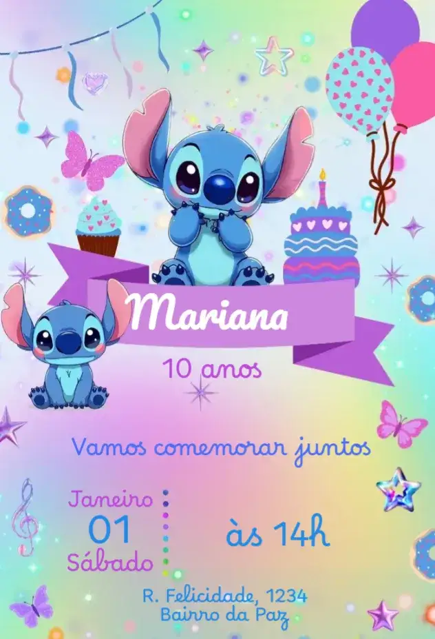 Convite Stitch Bolo com Borboletas – tema Mais pesquisados colorido, divertido, infantil, lúdico, temático, alegre