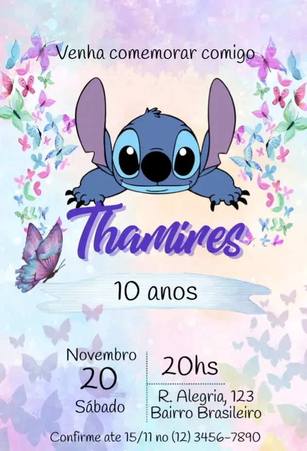 Convite Stitch borboletas – tema Aniversário Infantil roxo, lilás, divertido, infantil, colorido, temático