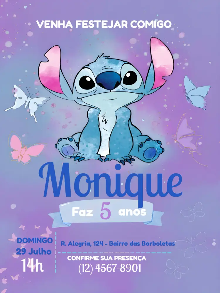 Convite Stitch Borboletas Lilás