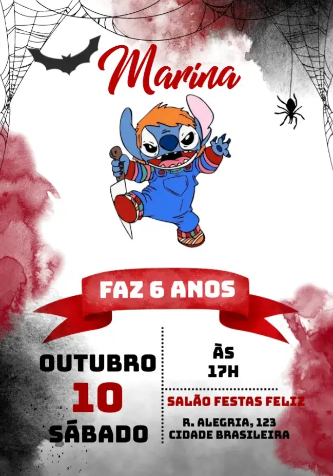 Convite Stitch Chuck Halloween Bruxas – tema Datas Comemorativas divertido, colorido, temático, vibrante, fantasia, infantil