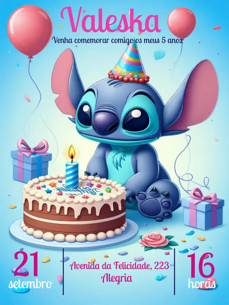Convite Stitch Colorido – tema Mais pesquisados colorido, delicado, infantil, lúdico, vibrante, divertido