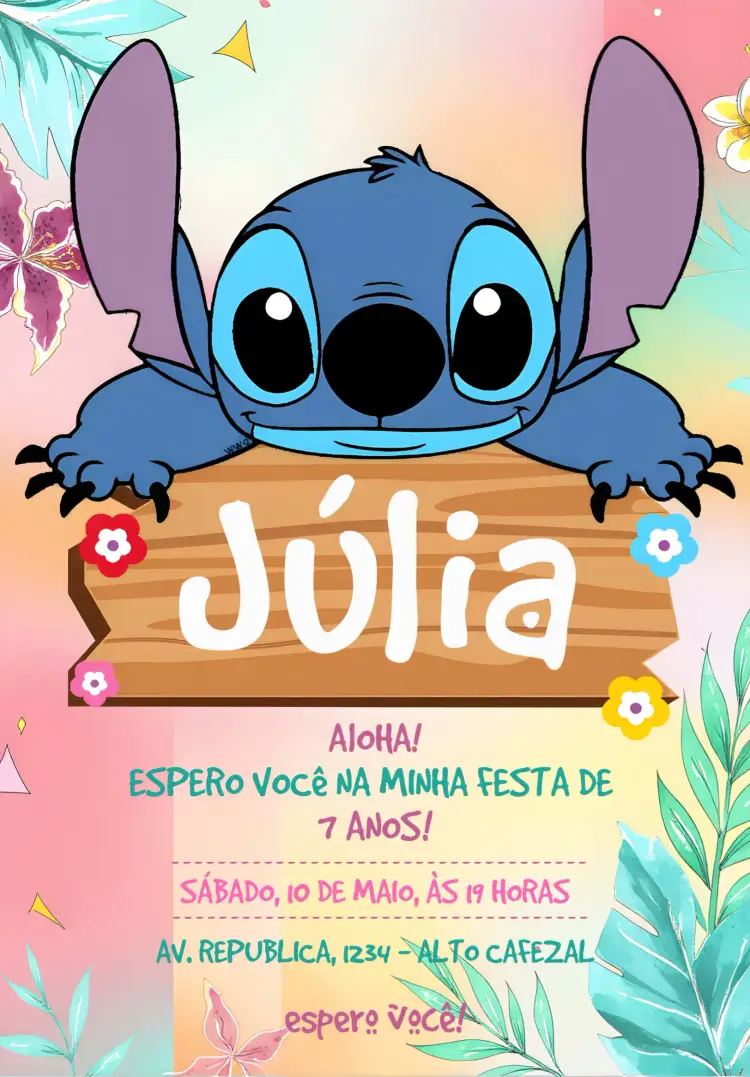 Convite Stitch Colorido – tema Mais pesquisados colorido, divertido, temático, ilustrações animadas, infantil, Disney