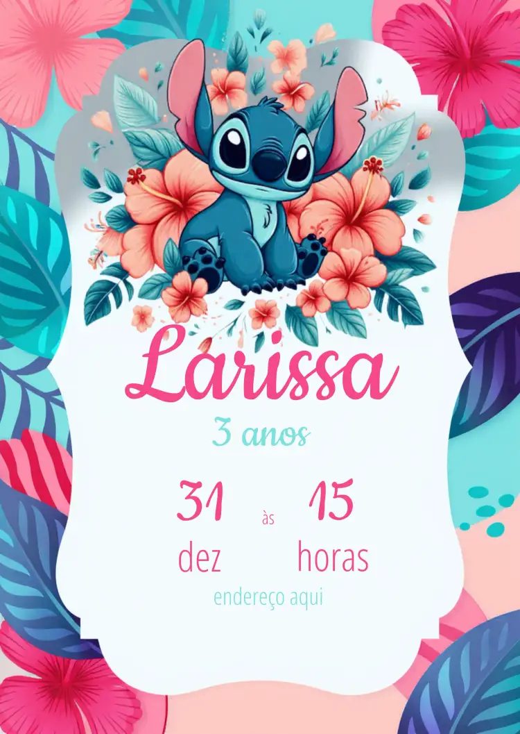 Convite Stitch Criança – tema Mais pesquisados tropical, floral, colorido, infantil, divertido