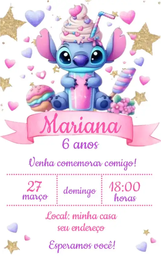 Convite Stitch doceria 2 – tema Aniversário Infantil doceria, temática, cores pastel, infantil, divertido, moderno