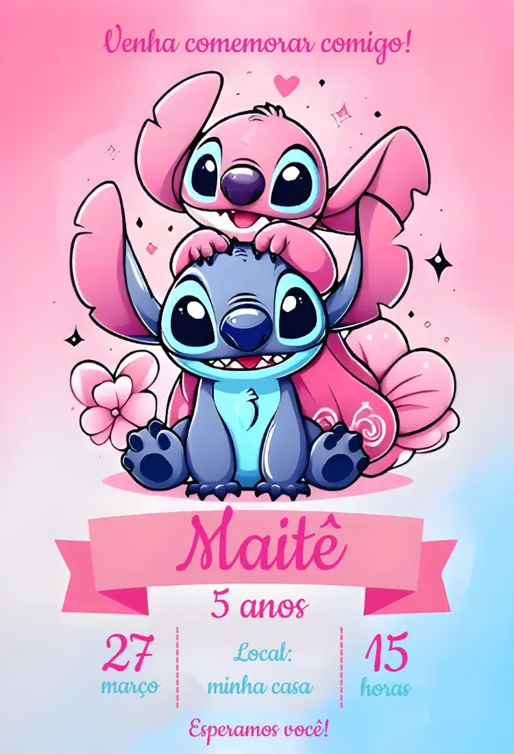 Convite Stitch Doces – tema Aniversário Infantil rosa, aquarela, lúdico, fofo, confeitaria, temático