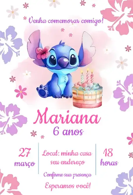 Convite Stitch tropical – tema Aniversário Infantil tropical, floral, colorido, divertido, moderno, aquarela