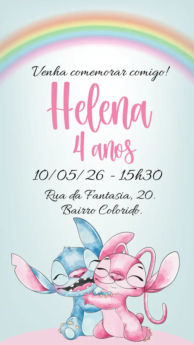 Convite Stitch e Angel – tema Aniversário Infantil colorido, divertido, temático, infantil, vibrante