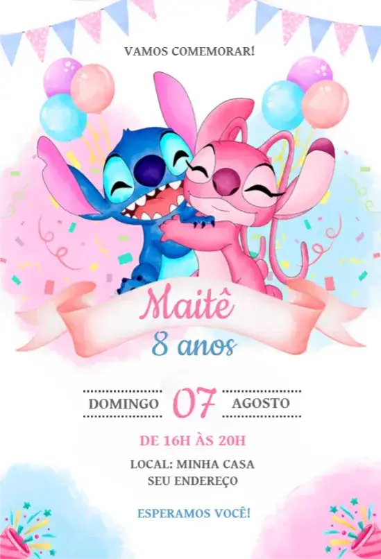 Convite Stitch e Angel 4 – tema Aniversário aquarela, infantil, cores vibrantes, moderno, personagens lúdicos, estilo unissex