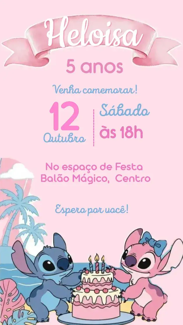 Convite Stitch e Angel – tema Mais pesquisados rosa, lúdico, divertido, colorido, infantil