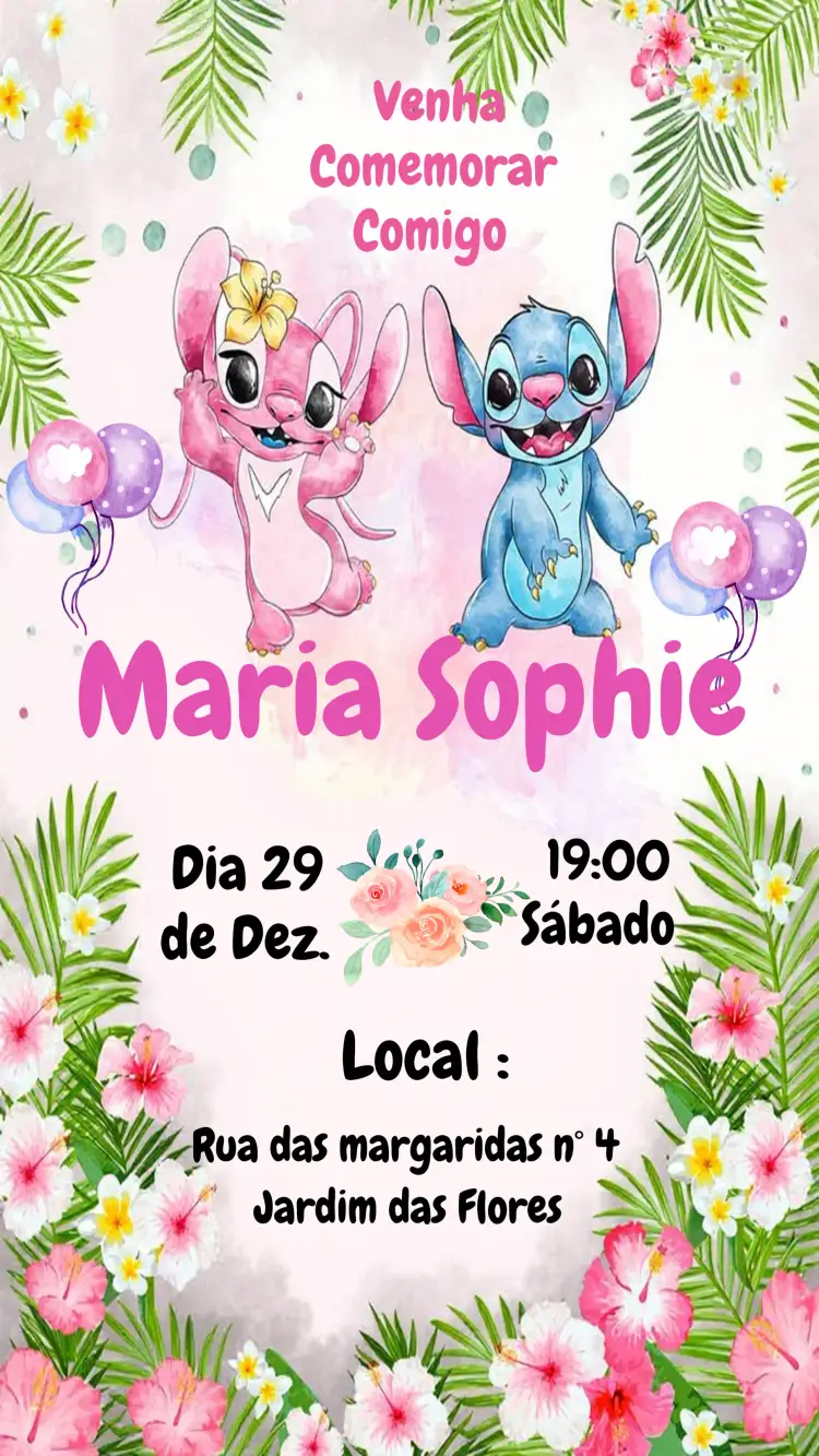 Convite Stitch E Angel – tema Mais pesquisados colorido, lúdico, temático, infantil, divertido