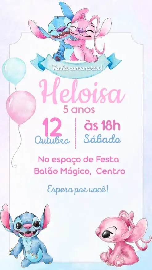 Convite Stitch e Angel aquarela – tema Mais pesquisados aquarela, cores pastel, Disney, moderno, lúdico